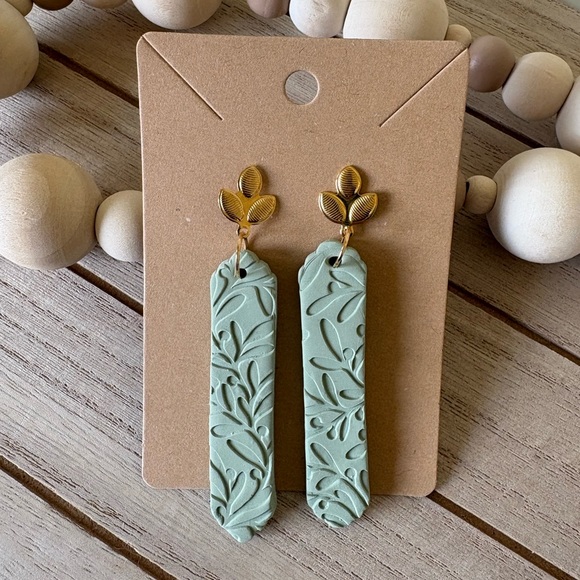Handmade Sage Green Leaf Embossed Earrings - Gold Leaf Studs Boho Chic Jewelry - Picture 1 of 8